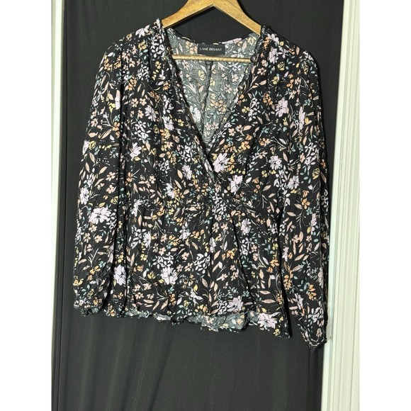Lane Bryant Boho Cottage Top‎ 14 16 Navy Pink Floral Faux Wrap Peplum Balloon - Picture 4 of 11